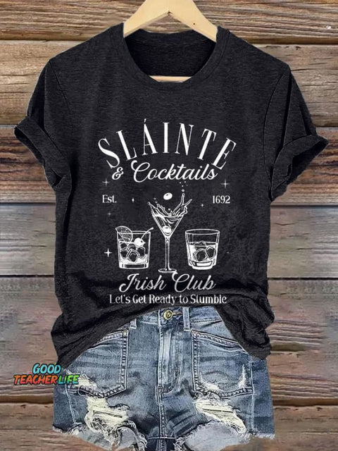 Retro St.Patrick's Day SláInte Cocktail Club Let's Get Ready To Stumble Print T-Shirt