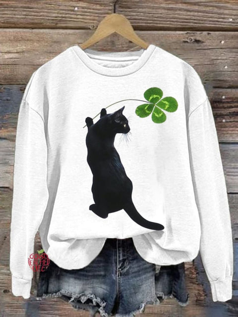 Women's Clover Cat Print Crew Neck Sweatshirt