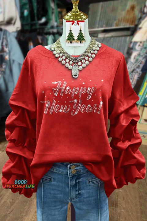 Rhinestone Happy New Year Ruched Sleeve Top
