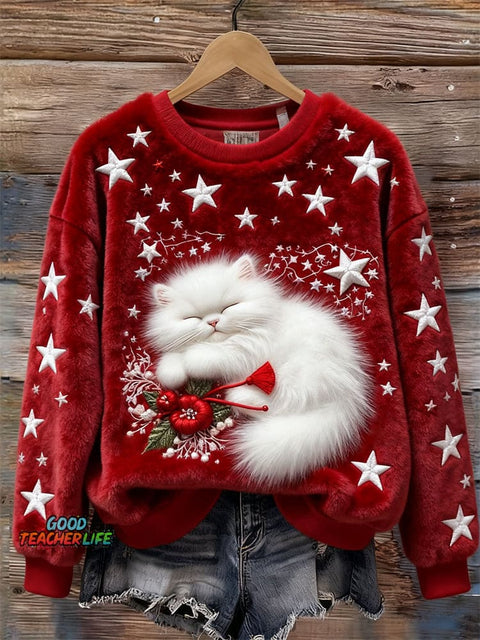 Christmas Sleeping Fuzzy Cat Stars Embroidered Cozy Plush Sweatshirt