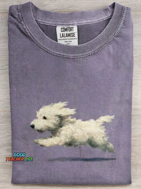 Funny Retro Cute Running White Dog Art Print Casual Cotton Short Sleeve T-shirt