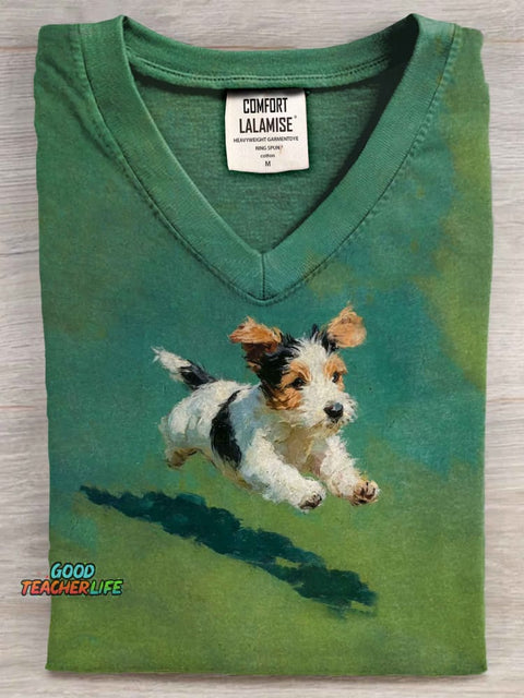 Dog Running In Grass Art V-neck Casual T-shirt