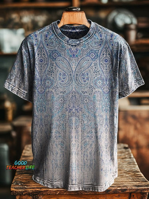 Unisex Retro Gradient Ethnic Flower Print Casual Loose Short Sleeve T-Shirt