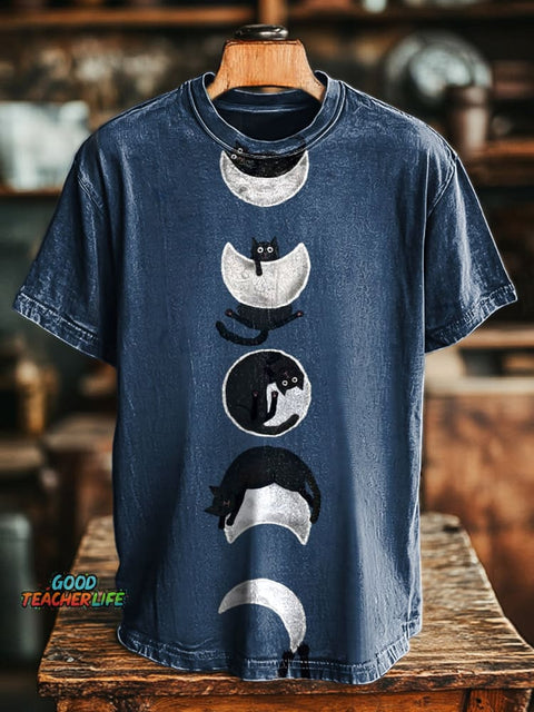 Unisex Retro Fun Abstract Black Cat Print Casual Loose T-Shirt