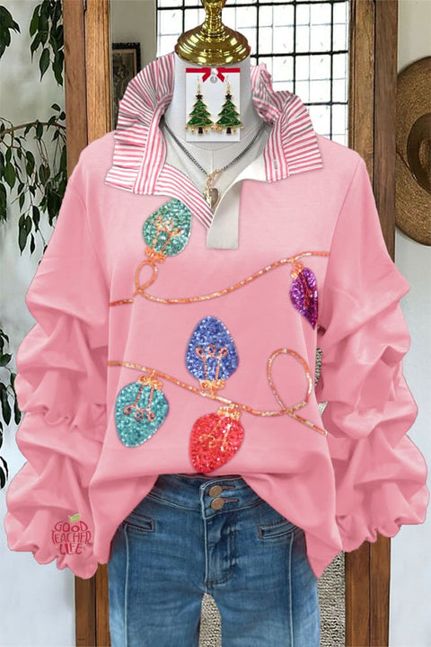 Sweet Christmas Light Sequin Stand Collar Top