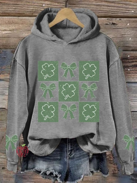 Women's Saint Patrick's Day Clover Bow Print Round Neck Long Sleeve Sweatshirt