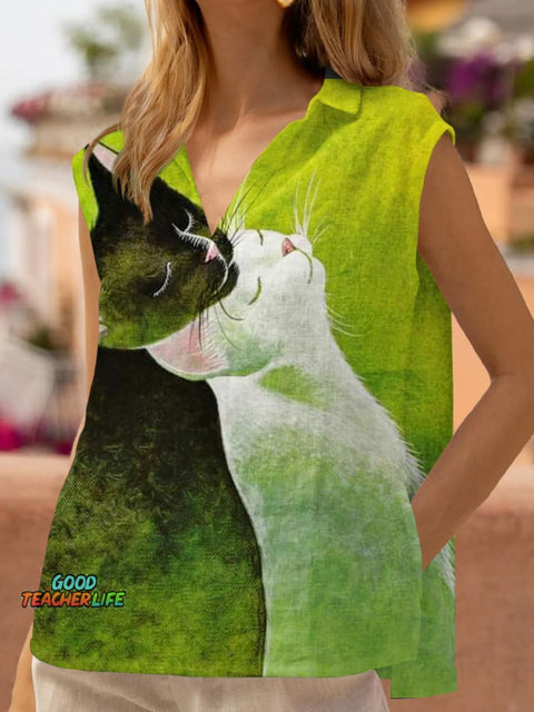 Artistic Cute Cat Print Cotton And Linen Top
