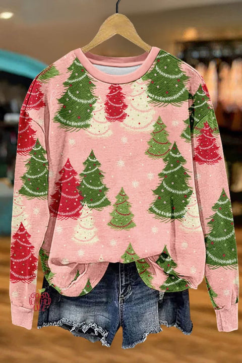 Sweet Christmas Trees Print Sweatshirt