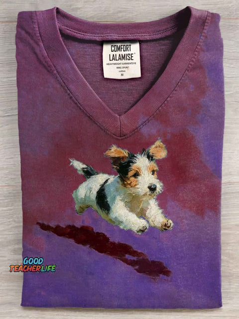 Dog Running In Grass Art V-neck Casual T-shirt