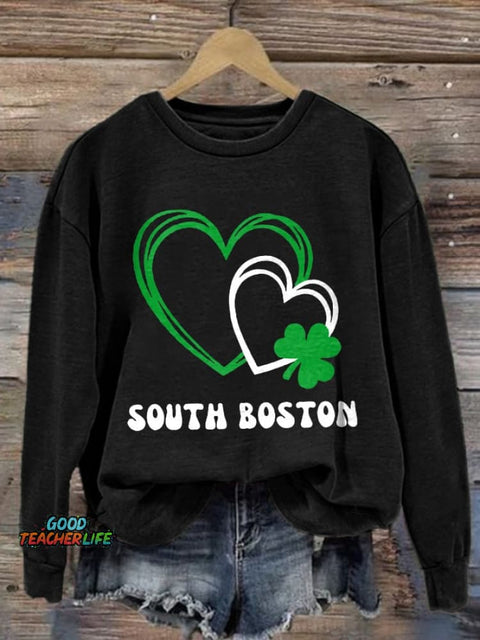 Retro St Patrick's Day Love Heart Shamrock South Boston Print Sweatshirt