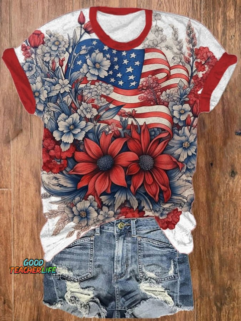 Retro Independence Day American Flag Floral Art Crew Neck T-shirt