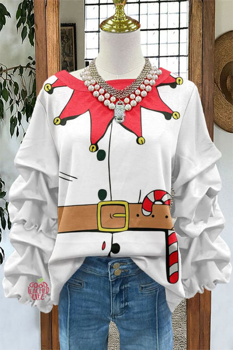 Cute Santa Claus Print Pleated Top