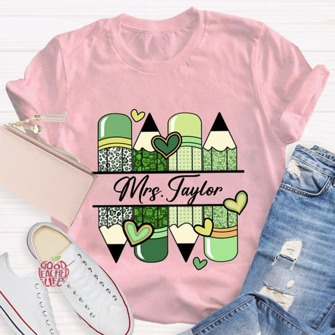 Personalized Name Green Heart Pencil Teacher T-Shirt