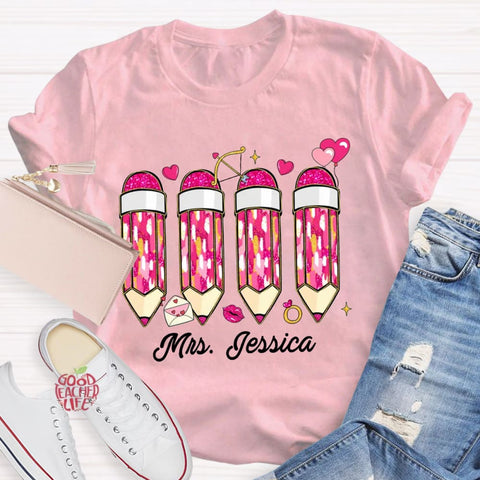 Personalized Name Pink Pencil Teacher T-Shirt