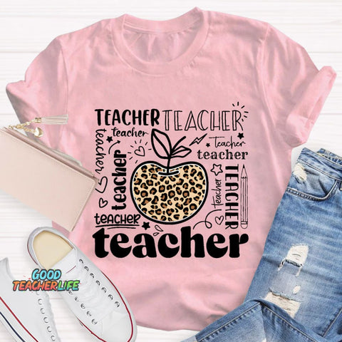 Teacher Various Fonts Various Fonts Leopard Apple T-Shirt