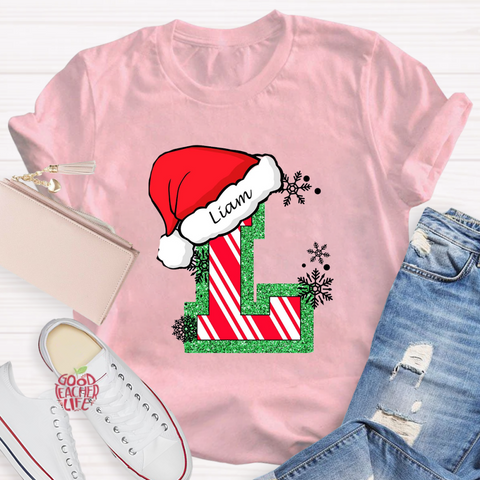 Personalized Name Merry Christmas Santa Holiday Green Red Glitter T-Shirt