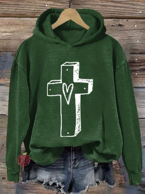 Women'S Retro Faith Cross Printed Hoodie