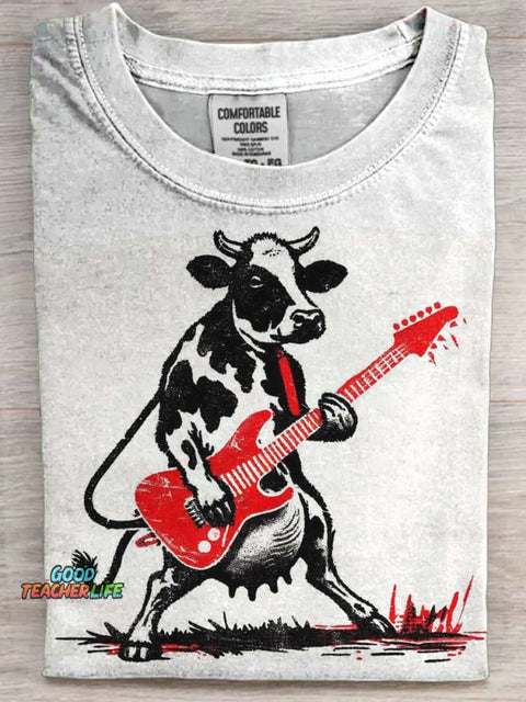 Funny Cow Guitarist Printed Casual Short Sleeve T-Shirt