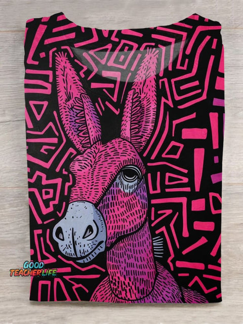 Funny Donkey Art Print Round Neck Short Sleeve T-Shirt