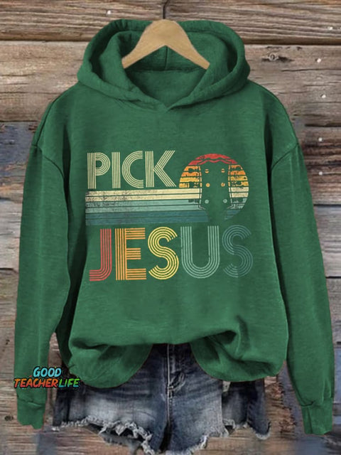 Retro Pick Jesus Guitar Worship Print Hoodie