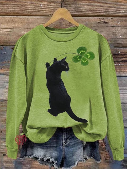 Women's Clover Cat Print Crew Neck Sweatshirt