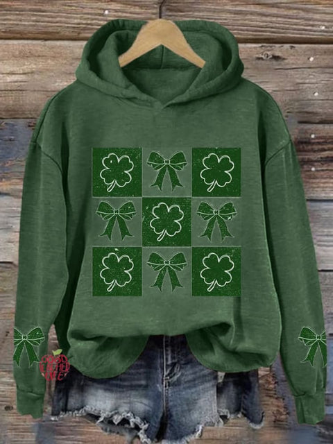 Women's Saint Patrick's Day Clover Bow Print Round Neck Long Sleeve Sweatshirt