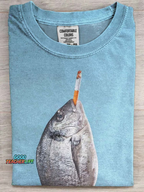 Funny Fish Smoking Print Casual Short Sleeve T-Shirt