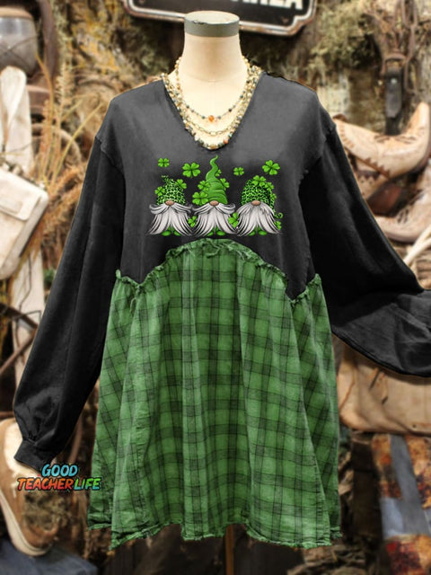 St. Patrick's Day Shamrock Art Print Plaid Stitching Sweatshirt