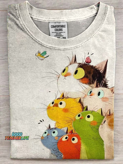 Cute Cat Print Casual Short Sleeve T-Shirt