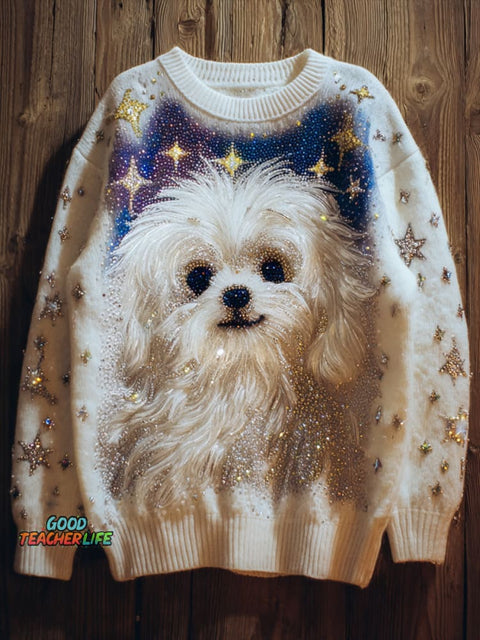 Dog Art Print Crew Neck Sweater