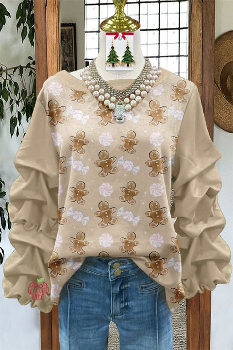 Cute Christmas Gingerbread Man Printed Pleated Top