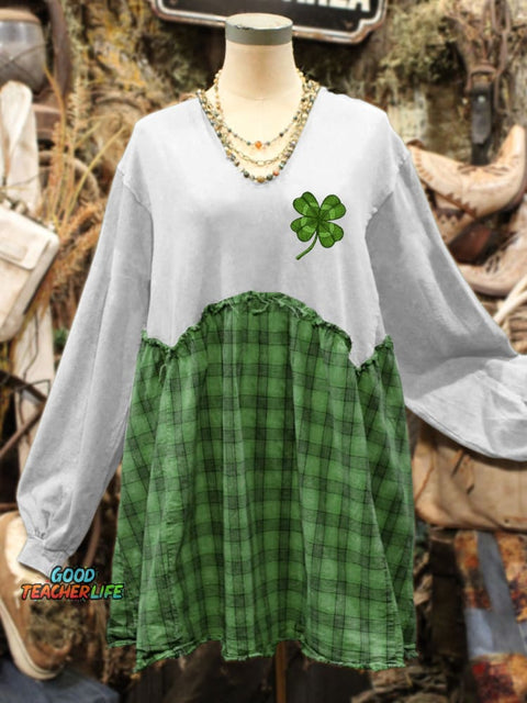 St. Patrick's Day Shamrock Art Print Plaid Stitching Sweatshirt