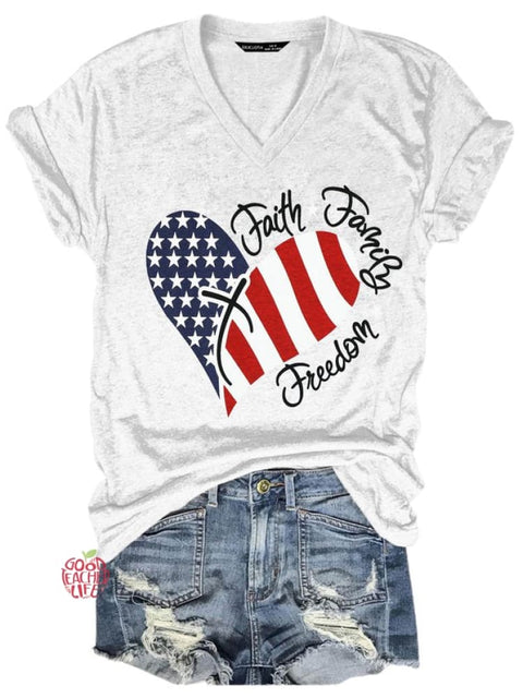 American Flag Print Faith Family Freedom Letter Casual Short Sleeve T-Shirt