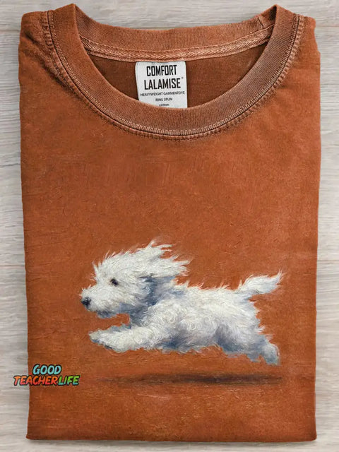 Funny Retro Cute Running White Dog Art Print Casual Cotton Short Sleeve T-shirt