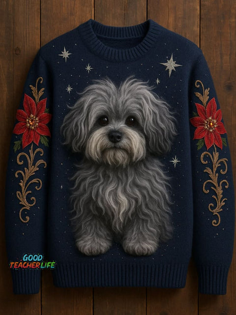 Dog Art Print Casual Crew Neck Knit Sweater