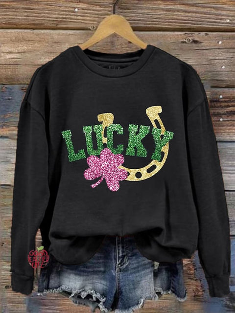 Women's Glitter  St. Patrick's Day Lucky Shamrock Printed Sweatshirt