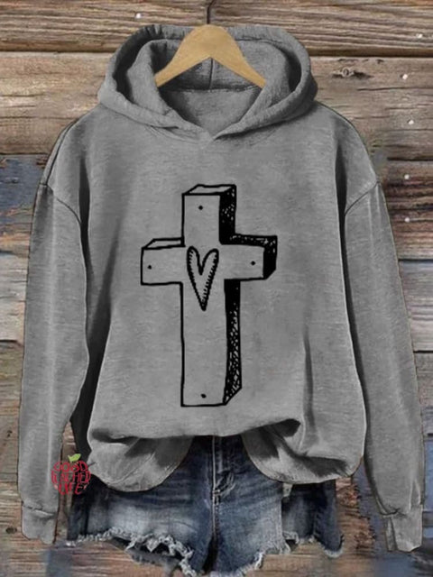 Women'S Retro Faith Cross Printed Hoodie