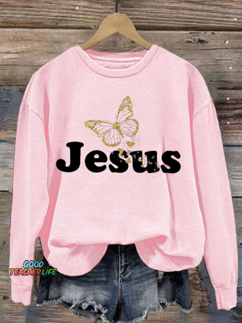Women's Casual Butterfly Jesus Print Sweatshirt