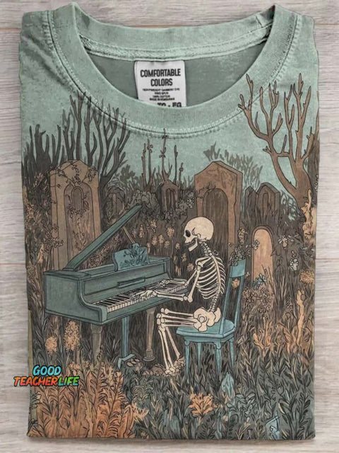 Fantasy Skull Pianist Print Casual Short Sleeve T-Shirt