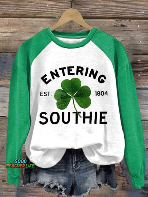 Retro Raglan Sleeves St Patrick's Day Shamrock Entering Southie Est .1804 Print Sweatshirt