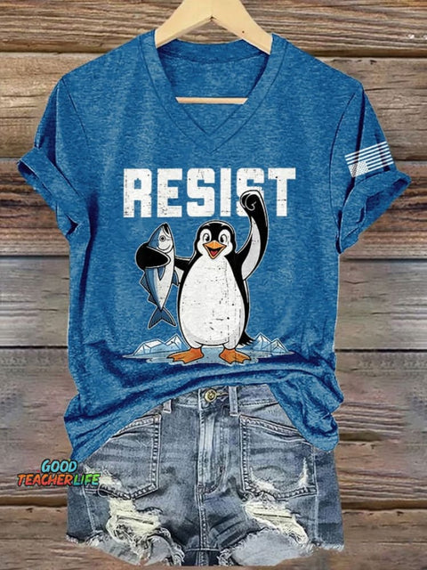 V-Neck Retro Penguins Resist Tariffs Print T-Shirt