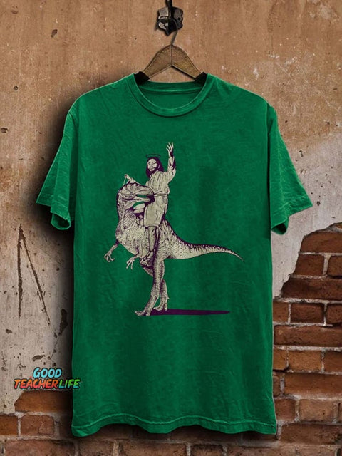 Funny Dinosaur Jesus Print Casual Short Sleeve T-Shirt
