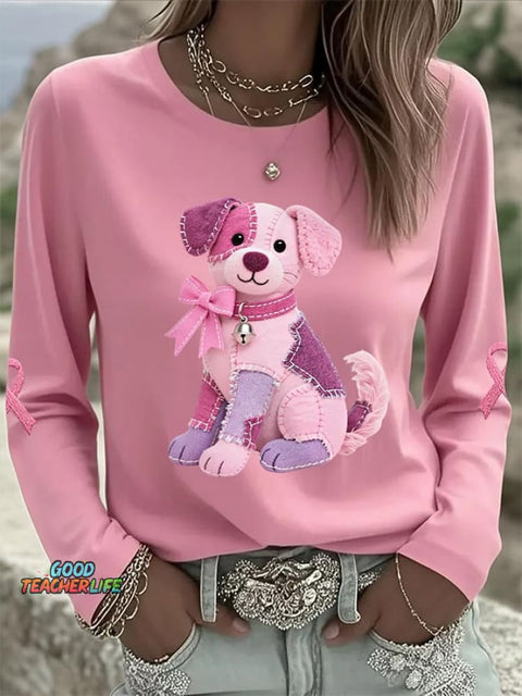 Women's Pink Dog Pink Ribbon Breast Cancer Awareness Support Print Casual Long Sleeve T-Shirt