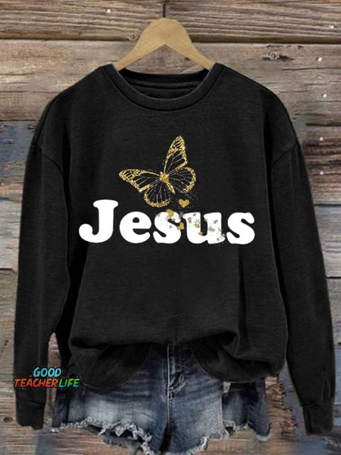 Women's Casual Butterfly Jesus Print Sweatshirt