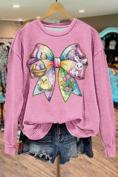 Cute Easter Bow Print Long Sleeve Sweatshirt