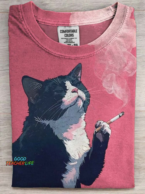 Funny Cat Smoking Print Casual Short Sleeve T-Shirt