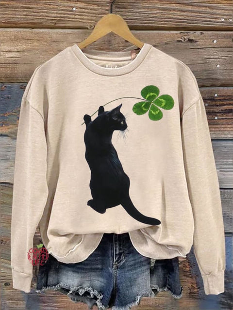 Women's Clover Cat Print Crew Neck Sweatshirt