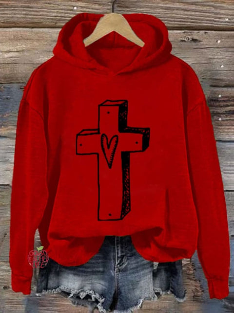 Women'S Retro Faith Cross Printed Hoodie