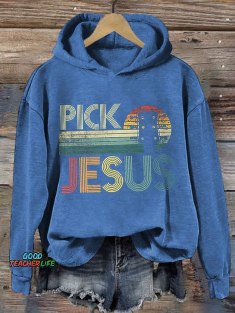 Retro Pick Jesus Guitar Worship Print Hoodie