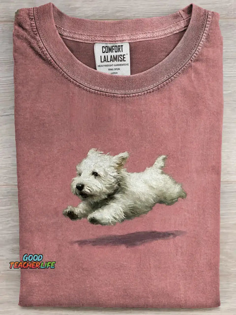 Funny retro Cute Running Dog Art Print Casual Cotton Short Sleeve T-shirt